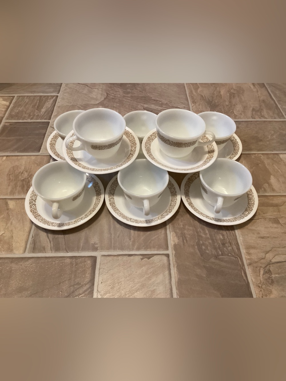 VINTAGE CORELLE PYREX WOODLAND BROWN CUPS SAUCERS-8 SETS